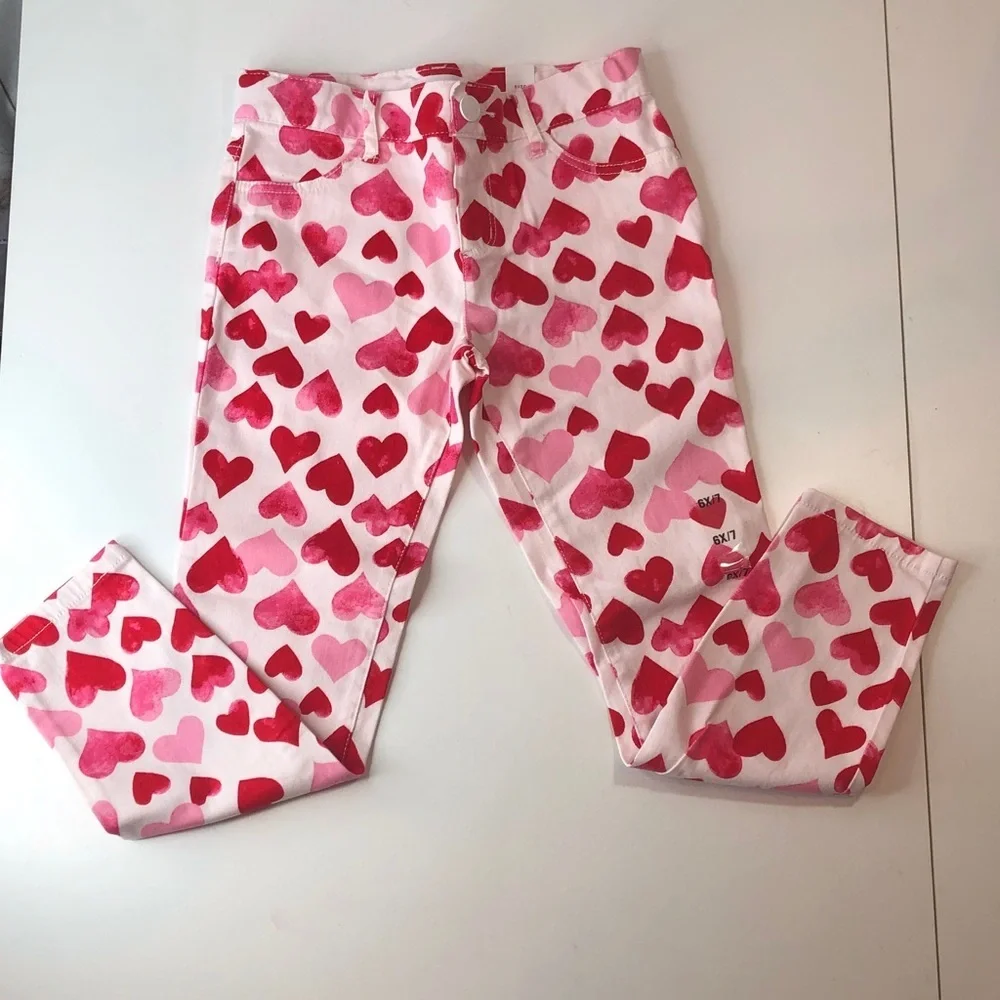 The Children’s Place Charming Red Pink Heart Print Girls Jeans 6X/7 NEW NWT